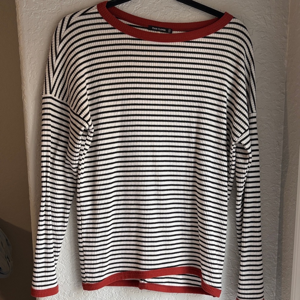 Pink Clover Striped Long Sleeve Ribbed Soft Alt Top‎ Rust Trim Size M